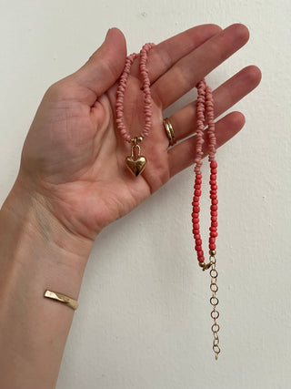Solana Beaded Charm Necklace- Pink + Bronze Heart (18")