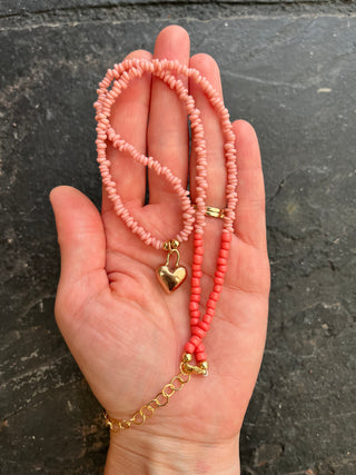 Solana Beaded Charm Necklace- Pink + Bronze Heart (18")