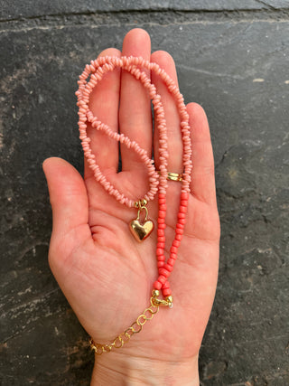 Solana Beaded Charm Necklace- Pink + Bronze Heart (18")
