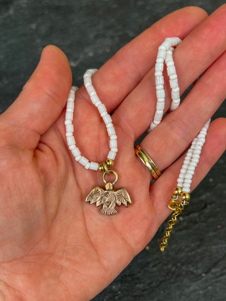 Solana Beaded Charm Necklace- White + Bronze Bird (18")