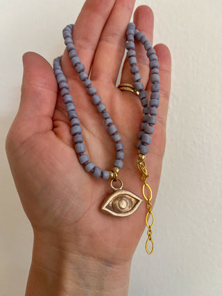 Solana Beaded Charm Necklace- Lavender + Bronze Eye