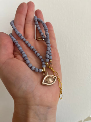Solana Beaded Charm Necklace- Lavender + Bronze Eye