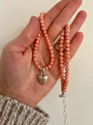 Solana Beaded Charm Necklace- Pink + Silver Heart