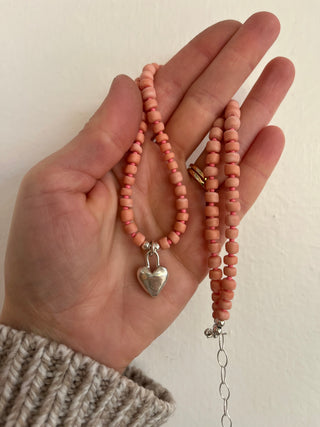 Solana Beaded Charm Necklace- Pink + Silver Heart