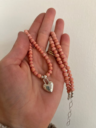 Solana Beaded Charm Necklace- Pink + Silver Heart