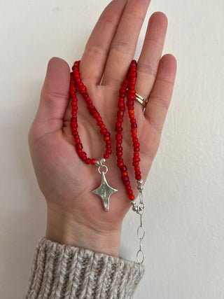Solana Beaded Charm Necklace- Red + Silver Star