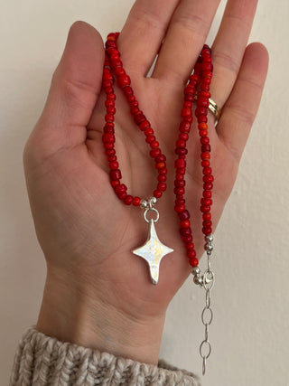 Solana Beaded Charm Necklace- Red + Silver Star