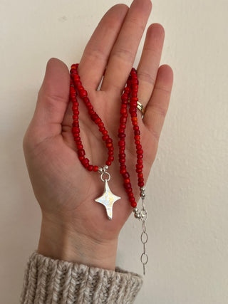 Solana Beaded Charm Necklace- Red + Silver Star