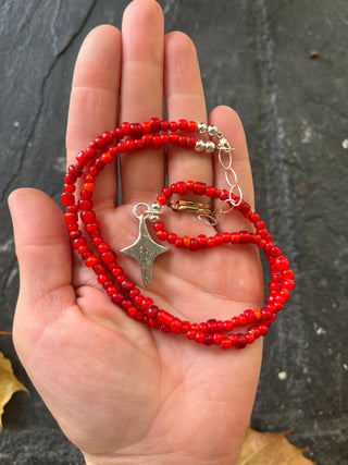 Solana Beaded Charm Necklace- Red + Silver Star