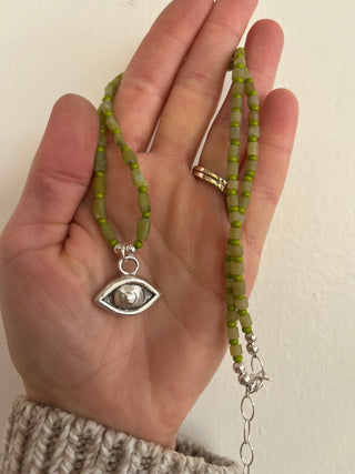 Solana Beaded Charm Necklace- Green + Silver Eye