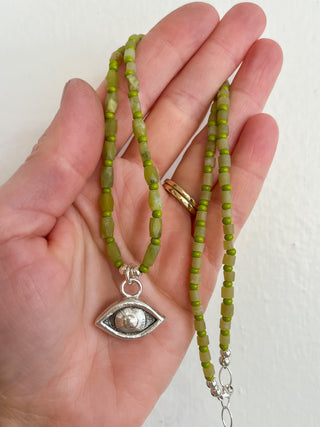 Solana Beaded Charm Necklace- Green + Silver Eye