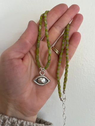 Solana Beaded Charm Necklace- Green + Silver Eye