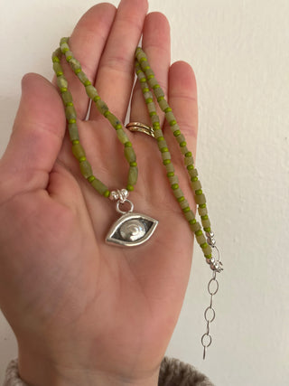 Solana Beaded Charm Necklace- Green + Silver Eye