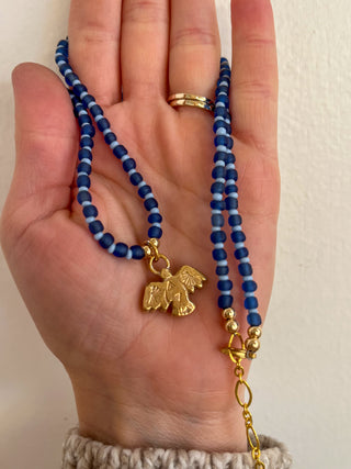 Solana Beaded Charm Necklace- Blue + Bronze Bird