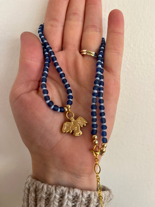 Solana Beaded Charm Necklace- Blue + Bronze Bird