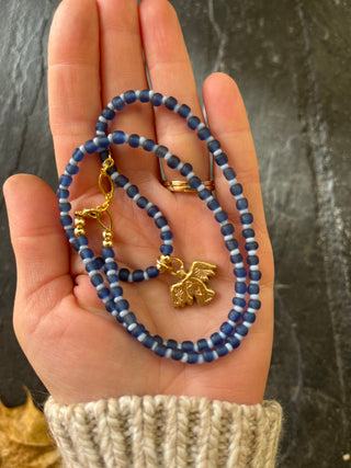 Solana Beaded Charm Necklace- Blue + Bronze Bird