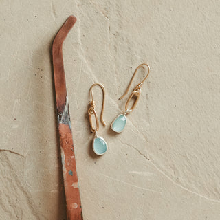 Mini Gold Paperclip Earrings- Aquamarine