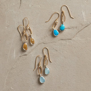 Mini Gold Paperclip Earrings- Aquamarine