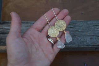 Full Moon Moon Earrings- Brass & Crystal Quartz