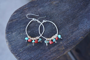 Organic Hoop Earrings- Sterling, Turquoise, Coral