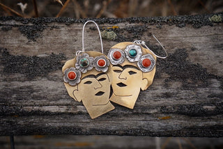 The Two Fridas Earrings- Brass, Red Jasper and Turquoise