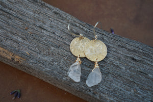 Full Moon Moon Earrings- Brass & Crystal Quartz