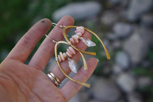 Balance Earrings- Brass, Quartz and Pink Opal
