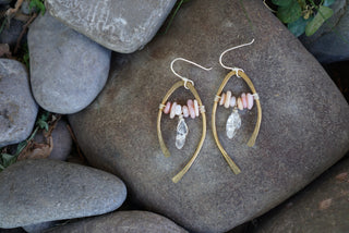 Balance Earrings- Brass, Quartz and Pink Opal