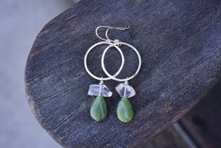 New Moon Earrings- Sterling Silver, Quartz, Jade