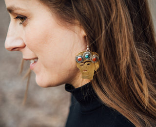 The Two Fridas Earrings- Brass, Red Jasper and Turquoise