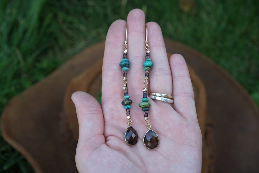 Boho Dangle Earrings- Turquoise, Shell & Smoky Quartz